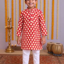 KiddoPanti Boys Floral Printed Cotton Kurta-picture-4