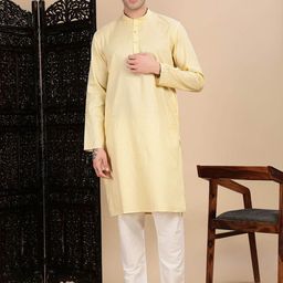 House of Pataudi Textured Mandarin Collar Cotton Straight Kurta-image-82