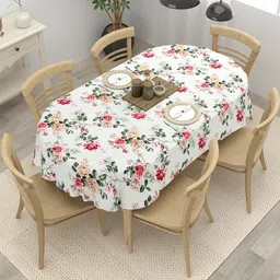 The Home Story White Floral Anti-Skid Cotton Oval 6-Seater Table Cover-image-15