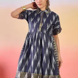 Sangria Abstract Printed Shirt Collar Fit & Flare Dress-image-15