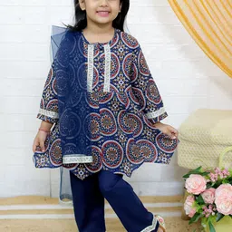 JUNITOS Girls Paisley Printed Regular Pure Cotton Kurta with Pyjamas & With Dupatta-picture-44