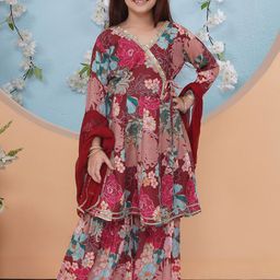Little Zing Girls Floral Printed Angrakha Gotta Patti Kurta With Sharara & Dupatta-image-45