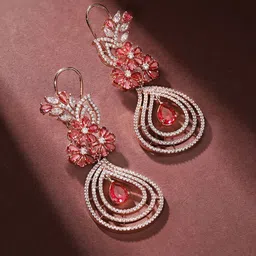 Priyaasi Rose Gold-Plated American Diamond-Stone Studded Blooming Floral Drop Earrings-image-42