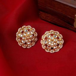 TEEJH Gold-Plated Circular shaped Artificial Stone Studded Studs Earrings-2