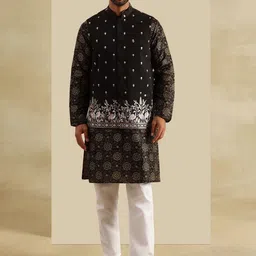 SOJANYA Floral Printed Mandarin Collar Sequinned Straight Kurta With Pyjama & Nehru Jacket-0