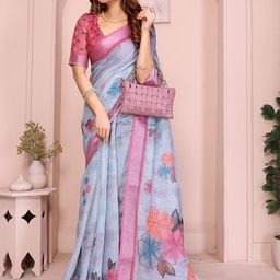 JYA Women Pink & Grey Floral Linen Blend Saree-31