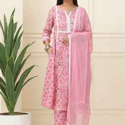 BAESD Floral Printed Panelled Notch-Neck Pure Cotton A-Line Kurta With Trousers & Dupatta-15