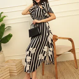 DEEBACO Striped Halter Neck Bell Sleeve Empire Maxi Dress-image-62