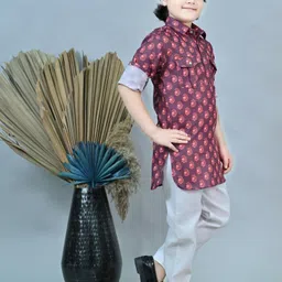 ahhaaaa Boys Floral Printed Regular Thread Work Kurta with Pyjamas image 4