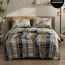 KOPA Beige & Navy Blue 4 Pcs Printed Cotton Queen Comforter & Bedsheet 2 Pillow Covers-14