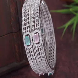 SGA FASHION Pack of 2 Rhodium-Plated Zircon Studded Bangle Set-picture-0