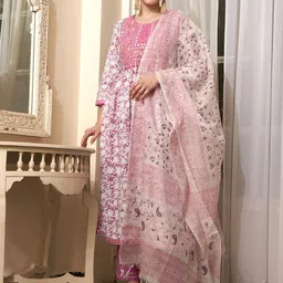 Sangria Mauve Floral Printed Mirror Work Pure Cotton Kurta With Trouser And Dupatta-picture-6