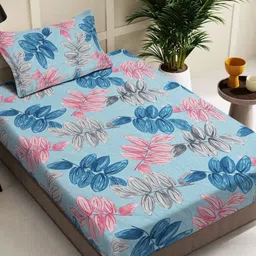 Myntra Elegant Homes Blue & Pink Floral Printed 300 TC Single Bedsheet Set 2.2 m x 1.5 m-image-66