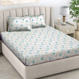 Myntra Elegant Homes White & Blue Floral 300 TC King Bedsheet with 2 Pillow Covers-picture-38