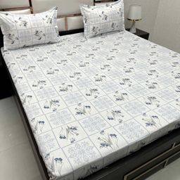Pure Decor White & Blue Floral 350 TC King Bedsheet with 2 Pillow Covers-picture-13