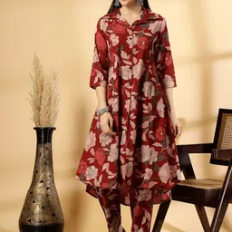 Pistaa Women Floral Printed Regular Pure Cotton Kurta with Trousers-image-56