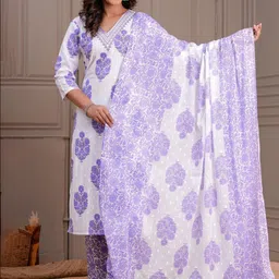 SINGNI Floral Printed V-Neck Pure Cotton Straight Kurta With Trousers & Dupatta-26