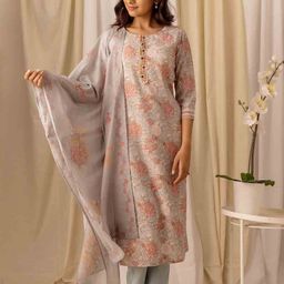Ode by House of Pataudi Printed Thread Work Linen Straight Kurta with Trousers & Dupatta image 4