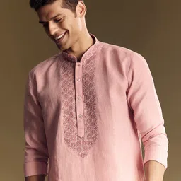KALKI Fashion Men Ethnic Motifs Embroidered Regular Thread Work Linen Kurta with Trousers-picture-14