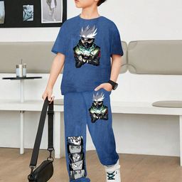 BAESD Boys Naruto Kakashi Uchiha Printed Short Sleeves T-shirt With Joggers-image-37