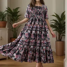 PTVIZE Women Floral Printed Puff Sleeve Smocked Fit and Flare Midi Dress-picture-36