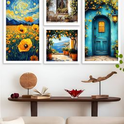 Kotart White & Blue 4 Pieces Wooden Floral and Botanical Wall Arts-picture-45