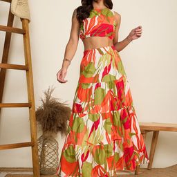 WineRed Printed Round Neck Top With Skirt Co-Ords-picture-6