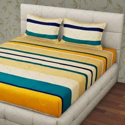 Aura Yellow & Blue Striped 144 TC Microfiber King Bedsheet Set 1.52 m x 1.99 m-image-33