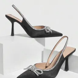 PURPLEHUNT Embellished PU Slim Heeled Pumps With Bows-22