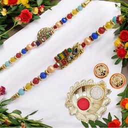 MEIRA JEWELLERY 2-Pcs Kundan Studded Thread Rakhi With Greeting Card & Roli Chawal-image-69