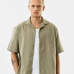 Snitch Boxy Textured Short Sleeves Pure Cotton Shirt-image-93