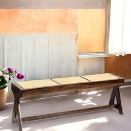 Ikiriya Beige & Brown Wood Mid Century 3 Seater Bench-image-49