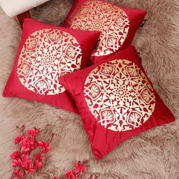 Myntra Elegant Homes Maroon & Gold-Toned 3 Pieces Ethnic Velvet Square Cushion Covers-image-77