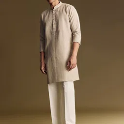 KALKI Fashion Floral Yoke Design Mandarin Collar Sequinned Linen Kurta With Trousers-picture-8