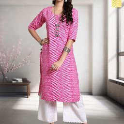 HERE&NOW Selection Of 2 Leheriya Printed Round Neck Straight Kurtas-image-0