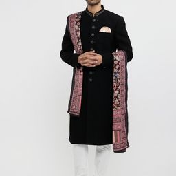 Twamev Men Black Blended Thread Embroidery Indo Western Set-image-68