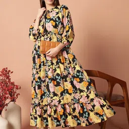 Jash Creation Floral Print Tie-Up Neck Puff Sleeve Fit & Flare Maxi Dress-image-32