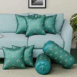 Aura Green & Beige 7 Pieces Floral Printed Square Cushion Covers & Bolster Covers-8