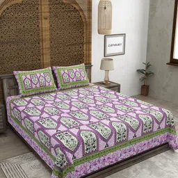 CLOTHOLOGY Purple & Green Floral Cotton 180 TC King Bedsheet Set 2.75m x 2.25m-image-21