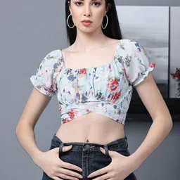 OOMPH! FACTOR Women Floral Print Puff Sleeve Blouson Crop Top-image-60