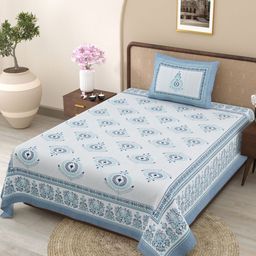 TrueYarns White & BluePrinted Pure Cotton 300 TC Single Bedsheet Set 1.52m x 2.28m-image-80