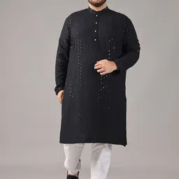 SOJANYA PLUS Size Embroidered Sequinned Mandarin Collar Pure Cotton Straight Kurta-picture-35