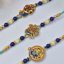 MEIRA JEWELLERY Set Of 3 Peacock Design Rakhi With Greeting Card Gift Set-image-20