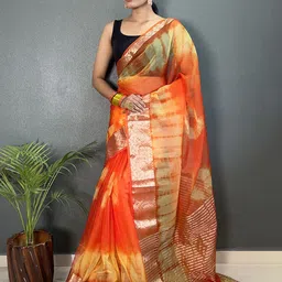 FLOURIOUS Tie and Dye Zari Organza Saree-image-44