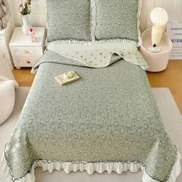 JC HOME Green & Yellow Floral Printed 162 TC Double Queen Bed Cover With Pillow Covers-image-18