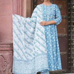 IKRASS Floral Printed Pure Cotton Anarkali Kurta With Trousers And Dupatta-20