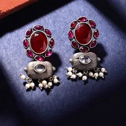 PANASH Silver Plated Cubic Zirconia Studded Oxidized Drop Earrings-image-5
