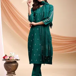 ARADHNA Women Ethnic Motifs Embroidered Regular Thread Work Kurti with Trousers & With Dupatta-image-13