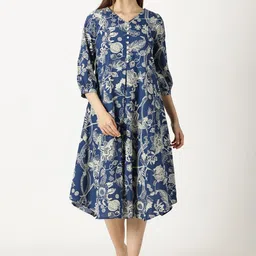 Saffron Threads Women Tropical Printed Cotton Puff Sleeve A-Line Midi Dress-image-91