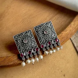 NAMAN ARTS Silver-Plated Stones Studded & Beaded Square Shaped Oxidised Drop Earrings-67